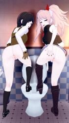 2girls 3d bent_over bottomless danganronpa grabbing_own_ass junko_enoshima kghgk koikatsu looking_at_viewer mukuro_ikusaba testicles toilet