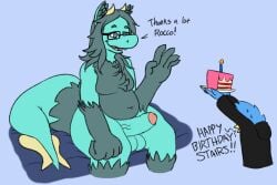 2017 2_horns anthro ass avian balls beak big_balls big_butt big_penis bird birthday birthday_cake black_clothing black_eyewear black_glasses black_hoodie black_topwear blue_body blue_eyes blue_feather_hair blue_feathers cake candle clothing dessert dialogue digital_media_(artwork) dragon duo english_text exclamation_point eyewear feather_hair feathers fire food fur furred_dragon furred_scalie genitals giving_food glasses green_body green_fur green_hair green_nose green_tail grey_background hair happy happy_birthday holding_cake holding_food holding_object hoodie horn long_hair male multicolored_body multicolored_fur multicolored_tail mythological_creature mythological_scalie mythology penis plate pseudo_hair rocco_(roccorox) roccorox ryx_(stairfacts) scalie simple_background size_difference slice_of_life smile tail tan_horn tan_tail teeth text thanking thick_thighs three-quarter_view tongue topwear two_tone_body two_tone_fur vein veiny_penis yellow_beak