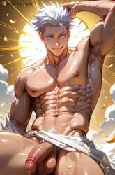 1boy abs ai_generated arm_up armpit_hair armpits bara blue_eyes chest_hair cloud erection falling_petals goldenfieldszho jujutsu_kaisen large_pectorals looking_at_viewer male_focus male_only male_pubic_hair muscular muscular_male navel nipples nude pectorals penis petals pubic_hair satoru_gojo short_hair smile solo sweat teeth testicles thick_thighs thighs uncensored white_hair