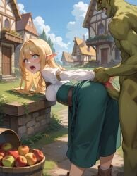 ai_generated bent_over elf elf_ears goblin goblin_male historyia imminent_rape original original_character peasant_dress pointy_ears scared wide_eyed witch_gem_disaster