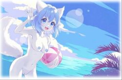 animal_ears animation_meme_community beach_ball blue_hair blue_nipples breasts edit lowres nude ocean outdoors outside pussy tagme virtual_youtuber white_fur wolf_ears wolf_girl wolf_tail wolfgirl wolfychu youtube youtuber