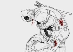 2boys blood blowjob blowjob_handles claws deadpool fellatio gay impaled logan_(x-men) male male/male male_ryona marvel marvel_cinematic_universe marvel_comics mask mask_lift monochrome open_mouth oral stab superhero_costume violence wade_wilson wolverine_(x-men) x-men yankaton yaoi