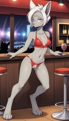 1girls 2024 ai_generated anthro bar_counter bar_stool blue_eyes digitigrade female female_only grey_body hi_res indoors innie_pussy looking_at_viewer mineru nintendo nipple_bulge pussy short_hair smile strip_club stripper the_legend_of_zelda the_legend_of_zelda:_tears_of_the_kingdom white_hair zonai