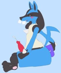 2017 anal anal_masturbation anal_sex animal_genitalia animal_penis anthro ass big_butt big_penis black_body black_fur black_nose blue_body blue_ears blue_fur blue_tail blush canine_genitalia canine_penis chest_spike digital_media_(artwork) dildo dildo_in_ass dildo_insertion fur generation_4_pokemon genitals hand_on_leg hand_on_own_leg holding_dildo holding_object holding_sex_toy knot looking_pleasured lucario male masturbation multicolored_body multicolored_fur narrowed_eyes nintendo object_in_ass penetration penis pokemon pokemon_(species) red_eyes roccorox sex_toy sex_toy_in_ass sex_toy_insertion side_view sitting solo spikes spikes_(anatomy) tail tan_body tan_fur thick_thighs tongue vein veiny_penis