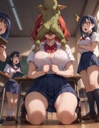 4_girls ai_generated button_gap classroom fellatio goblin goblin_male historyia kneeling original original_character school_uniform shocked_expression witch_gem_disaster