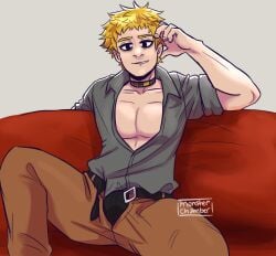 1boy black_eyes bulge keiji_shinogi light_skin male male_only monsterchamber on_couch open_clothes open_shirt pecs sitting solo yellow_hair your_turn_to_die yttd