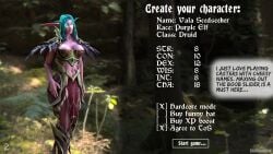 3d armor belly_button blue_hair character_sheet clothed clothed_female clothing elf elf_female endlessabyss english_text female forest glowing_eyes large_breasts long_hair night_elf night_elf_female outdoors parody purple-skinned_female purple_skin solo solo_female text watermark white_eyes world_of_warcraft