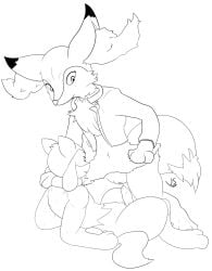 animal_genitalia animal_penis black_and_white braixen canid canine canine_genitalia canine_penis chest_tuft clothed clothing duo female feral fox fur generation_4_pokemon generation_6_pokemon genitals hi_res imminent_sex inner_ear_fluff jacket jacket_only looking_at_genitalia looking_at_pussy lying male male/female mammal monochrome nintendo on_back partially_clothed penis pokemon pokemon_(species) pussy riolu simple_background smile topwear tuft vswitch white_background