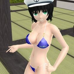 1girls 2024 3d bikini black_hair_female blue_bikini ghost_girl green_eyes hati_yukkuri_mmd indoors inside light-skinned_female looking_at_viewer minamitsu_murasa mmd sailor_hat short_hair_female solo_female solo_focus spirit swimsuit touhou undefined_fantastic_object white_string_bikini