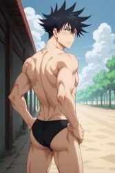 1boy ai_generated another_megumi ass back bangs bara black_hair black_male_underwear blush caught closed_mouth cloud day embarrassed from_behind fushiguro_megumi hair_between_eyes hands_on_hips jujutsu_kaisen looking_at_viewer looking_back male_focus male_swimwear male_underwear muscular muscular_male outdoors pectorals short_hair sky solo spiked_hair sweat swim_briefs thighs topless_male underwear