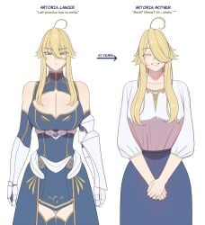 1girls 2024 ahoge alternate_costume artoria_pendragon artoria_pendragon_(lancer) bare_shoulders before_and_after big_breasts blonde_hair blouse blush breasts cleavage cleavage_cutout english_text fate/grand_order fate_(series) female gauntlets green_eyes hair_between_eyes hair_over_one_eye happy highres housewife large_breasts long_hair looking_at_viewer love lvl_(sentrythe2310) mature_female ring shirt sidelocks simple_background skirt smile straight thighhighs wedding_ring white_background white_shirt wholesome wife zettai_ryouiki