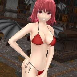 1girls 2024 3d_(artwork) bikini black_string_bikini demon_girl demon_wings devil_girl embodiment_of_scarlet_devil hati_yukkuri_mmd inside koakuma library light-skinned_female looking_at_viewer mmd red_bikini red_eyes red_hair_female short_hair_female smiling_at_viewer solo_female solo_focus succubus swimsuit touhou wings wings_on_head