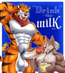 2024 absurd_res anthro balls biceps big_penis bodily_fluids bowl canid canine canis cereal chip_the_wolf container cookie_crisp cum cum_in_bowl cum_in_container cum_in_mouth cum_inside cum_on_face digital_media_(artwork) duo erection felid fellatio food frosted_flakes fur genital_fluids genitals hi_res humanoid_genitalia humanoid_penis jirux kellogg's male male/male mammal mascot muscular muscular_anthro muscular_male nipples nude open_mouth oral orange_body pantherine pecs penile penis sex simple_background smile tail tiger tongue tony_the_tiger wolf