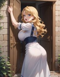 ai_generated blonde_hair doorway historyia long_hair original original_character peasant_dress scared witch_gem_disaster