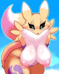 absurd_res anthro areola bandai_namco big_breasts black_sclera blush breasts camel_toe canid canine clothing digimon digimon_(species) female fur genitals hi_res mammal milkteafox nipples nude renamon solo tail underwear vulva white_body white_fur yellow_body yellow_fur