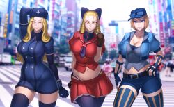 3girls ahoge baseball_cap belt black_belt black_gloves black_legwear blonde_hair blue_eyes blue_shorts breasts brown_gloves buttons city cleavage coat collarbone cropped_jacket crosswalk drill_hair eyebrows eyebrows_visible_through_hair eyelashes fingerless_gloves fur_hat fur_trim gloves grey_shirt hairbow hand_on_hip hat jacket karin_kanzuki kolin large_breasts legwear lips long_hair looking_at_viewer lucia_morgan lycra_(artist) mixed_media navel police_uniform policewoman puffy_short_sleeves puffy_sleeves red_shirt red_skirt school_uniform serafuku shirt short_hair shorts skirt standing street_fighter street_fighter_v sunglasses sunglasses_on_head thighhighs thong truck ushanka wavy_hair winter_clothes winter_coat yellow_eyes zettai_ryouiki