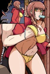 1boy 1girls big_breasts bikini blonde_hair braided_hair breast_grab breasts chainsaw_man denji_(chainsaw_man) female grabbing_from_behind hand_in_another's_panties hand_in_panties looking_back makima_(chainsaw_man) mark_gavatino popsicle red_hair sharp_teeth short_hair thick_thighs thighs yellow_eyes