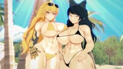 2girls 3d 3d_(artwork) 3d_model abs athletic_female beach big_breasts bikini black_bikini black_hair blake_belladonna blonde_hair breasts canon_couple catgirl faunus female female_only hair_ribbon human kemono large_breasts long_hair looking_at_viewer muscular muscular_female navel outdoors pale-skinned_female pale_skin prosthetic_arm purple_eyes rwby stormstriker string_bikini sunglasses sunglasses_on_head tan_skin tanned_female teenage_girl teenager thick_thighs thong toned_female wide_hips yang_xiao_long yellow_bikini yellow_eyes