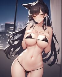 1girls ai_generated ass_visible_through_thighs atago_(azur_lane) azur_lane black_hair blush brown_hair cityscape cleavage female gluteal_fold hair_ribbon hands_on_breasts hands_on_own_chest heavy_breathing hips large_breasts long_hair looking_at_viewer micro_bikini navel night notreallyhere parted_lips skindentation solo standing thigh_gap thighs wolf_ears