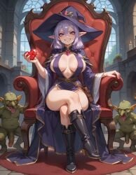 ai_generated boots cleavage cleavage_dress elf elf_ears goblin goblin_male heart-shaped_gem historyia original original_character pointy_ears purple_dress purple_eyes purple_hair thigh_slit throne witch witch_gem_disaster witch_hat