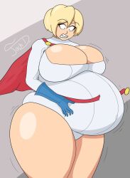 belly belly_expansion belly_inflation belt_snapping big_belly big_breasts blonde_hair breasts cleavage cleavage_window dc dc_comics enormous_breasts expansion female hand_on_belly huge_belly huge_breasts huge_thighs inflated_belly inflation jack-i power_girl thick_thighs thunder_thighs