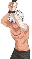 1boy abs arm_bandages arms_tied_above_head bandaged_arm black_and_white_hair blush chest_scar elsword flushed flushed_face gay looking_at_viewer male_only muscular muscular_chest muscular_male muscular_pecs nexon nexon_(company) nipples no_shirt pants pants_only raven_(elsword) scars scars_on_chest shirtless shirtless_male solo_male sweat sweatdrop sweating tied_hands tied_up yaoi yellow_eyes