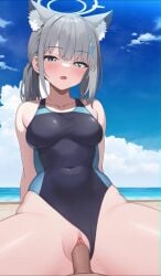 1boy 1girls animal_ears animated beach blue_archive clothing_aside cum facing_viewer grey_hair halo light-skinned_female light-skinned_male light_skin live2d long_video longer_than_2_minutes looking_at_viewer medium_breasts one-piece_swimsuit outdoors pov sex shiroko_(blue_archive) shiroko_(swimsuit)_(blue_archive) swimsuit swimsuit_aside tagme vaginal_penetration vertical_video video