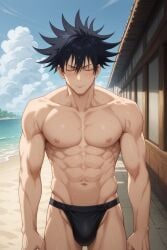 1boy abs ai_generated another_megumi bangs bara beach black_hair blush bulge closed_eyes closed_mouth cloud collarbone cowboy_shot day fushiguro_megumi hair_between_eyes jujutsu_kaisen large_pectorals male_focus male_swimwear male_underwear muscular muscular_male navel nipples ocean outdoors pectorals short_hair shy sky solo spiked_hair sweat swim_briefs thighs topless_male underwear water wet