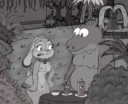 anthro ass belly beverage big_belly bowl breasts buckteeth common_hippopotamus container disney drink_umbrella duo female forced forced_exposure fountain furniture genitals hi_res hippopotamid judy_hopps lagomorph leporid lock male mammal mlinkina monochrome mystic_spring_oasis nipples nude nudist outside palm_tree plant pussy rabbit shrub story story_in_description table teeth thick_thighs tree zootopia