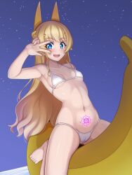 alfort_(may0508) armpits banana barefoot bikini blonde_hair blue_eyes blush breasts cameltoe covered_nipples eyebrows_visible_through_hair fantasy_bishoujo_juniku_ojisan_to female food fruit genderswap_(mtf) headgear highres long_hair looking_at_viewer micro_bikini pubic_tattoo rule_63 sharp_teeth sidelocks sky small_breasts smile solo star_(sky) starry_sky swimsuit tachibana_hinata_(fantasy_bishoujo) tattoo teeth underboob v white_bikini