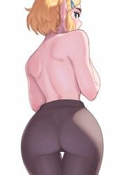 1girls ass ass_focus back_view blonde_hair green_eyes nintendo pants pointy_ears princess_zelda rob_ishi short_hair solo tears_of_the_kingdom the_legend_of_zelda thigh_gap thighs tight_pants topless zelda_(tears_of_the_kingdom)