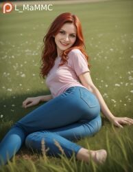 ai_generated ass_focus blue_jeans female field_background from_behind grass kristen_dunst l_mammc lying_on_ground marvel mary_jane_watson natural_breasts pink_shirt pink_t-shirt pony_diffusion_xl realistic_breast_size red_head small_breasts smiling solo solo_female spider-man_(series) watermark wavy_hair