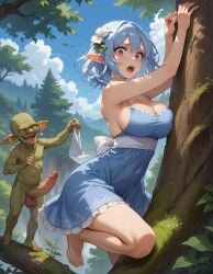 ai_generated blue_hair dress elf elf_ears goblin goblin_male historyia original original_character pointy_ears rape scared short_hair tree witch_gem_disaster