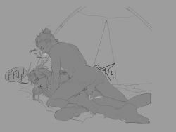 2024 action_lines antlers boots branch_antlers breath_cloud closed_eyes cum_inside cumshot curly_hair english_text exhibitionism grayscale growling hairy_balls hot_breath kinktober long_hair male/male male_penetrating_male naked open_mouth outside tent