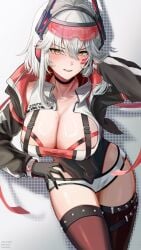 1girls belt black_belt black_choker black_jacket black_thighhighs blush breasts character_name choker cleavage commentary covered_navel cropped_jacket cropped_shirt english_commentary female female_only grey_background grey_hair hair_between_eyes hand_in_own_hair hand_up headgear headphones highres jacket large_breasts leotard leotard_under_clothes light-skinned_female light_skin long_sleeves looking_at_viewer multicolored_shirt open_clothes open_mouth parted_lips red_jacket red_shirt shirt short_hair short_shorts shorts sidelocks solo taki_tohko_(amemosutekine) thigh_belt thigh_strap thighhighs thighs two-sided_fabric two-sided_gloves two-sided_jacket unzipped virtual_youtuber visor_lift vshojo white_shirt white_shorts yellow_eyes zentreya zentreya_(cyborg) zentreya_(cyborg)_(zen_2.0) zipper zipper_pull_tab