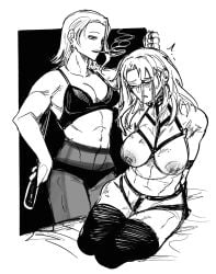 black_and_white bondage female/female femdom hair_pull kagurabachi katsutentacle kneeling large_breasts lesbian_domination nipple_piercing paddle pantyhose punishment rule_63 smoking soya_sazanami stockings togo_shiba yuri