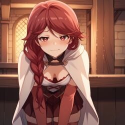 1girls :3 ai_generated aroused assertive_female background blush braid breasts cape cleavage clothed clothed_female clothing down_blouse female female_focus hai_to_gensou_no_grimgar leaning_forward light-skinned_female light_skin long_hair long_sleeves looking_at_viewer medium_breasts red_eyes red_hair safe_for_work skirt small_breasts smug smug_face solo solo_female solo_focus standing yume_(grimgar)