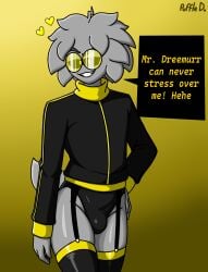 1male bisexual bisexual_male black_eyes dialog_balloon dialogue garter_belt glasses gray_fur jacket leotard_under_clothes male_only puffle puffle_bastille_(puffledreemurr) puffledreemurr rival stockings