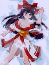 1girls ainu_clothes arm_up armpit_peek breasts breasts_out censored female female_only hair_ribbon highres king_of_fighters legs long_hair looking_at_viewer lying nakoruru nipples open_mouth petite pointless_censoring purple_eyes purple_hair pussy ribbon samurai_shodown small_breasts snk snow solo thighs