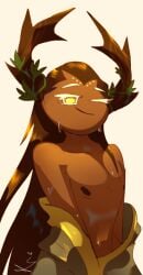 antlers brown_hair cookie_run cookie_run_ovenbreak covered_penis effeminate green_eyes long_hair male_only millennial_tree_cookie mischievous_smile sexy_pose slim_body slim_male slim_waist straight_hair submissive_male wet_body