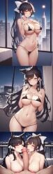 1boy 2girls 2girls1boy ai_generated apartment ass_visible_through_thighs atago_(azur_lane) azur_lane bed bedroom bikini black_hair blush bow brown_eyes city cityscape comic cooperative_fellatio double_fellatio fellatio ffm_threesome gluteal_fold hair_ribbon hands_on_breasts hands_on_own_chest heavy_breathing high_ponytail large_breasts large_penis licking licking_penis long_hair looking_at_viewer micro_bikini moon navel night nipples notreallyhere orange_eyes ponytail pov precum ribbon shimaidon sisters skindentation standing takao_(azur_lane) thigh_gap thighs threesome wolf_ears