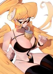 1girls artist_request bikini blonde_hair breasts cleavage drink drink_on_breasts drinking feathered_wings feathers female female_focus freaked_fleapit grimace_shake large_breasts long_hair official_art sister_june_(freaked_fleapit) sunglasses tagme thick_thighs thighhighs thighs wings