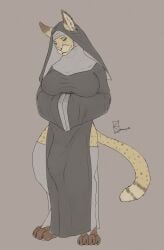 absurd_res anthro big_breasts breasts bulge cheetah clothed clothing detailed_bulge felid feline fluffy_ears genital_outline gynomorph hi_res intersex kazzyboii lion mammal nun nun_outfit pantherine penis_outline solo tail