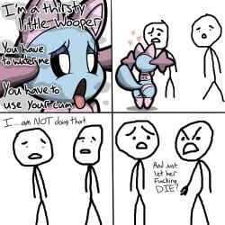 1:1 absurd_res ambiguous_gender amphibian anthro ass blue_body blue_eyelids blue_skin bow_tie breath clothing comic dialogue english_text external_gills eyelashes fake_cat_ears fake_ears female footwear generation_2_pokemon gills group heart_symbol hi_res i'm_a_thirsty_little_flower legwear meme mole_salamander nintendo open_mouth panties pink_clothing pink_footwear pink_panties pink_socks pink_underwear pokemon pokemon_(species) profanity pupils salamander sneavile socks standing stick_figure stickman tail text text_on_clothing thigh_highs tight_clothing tongue tongue_out topwear trio tube_top underwear white_pupils