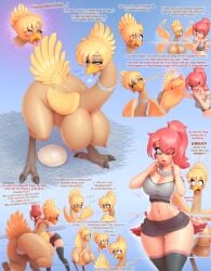 1animal 2girls beak bendzz bird blonde_hair breast_expansion breasts breasts_bigger_than_head chocobo collar comic egg egg_laying embarrassed feathered_wings feathers female final_fantasy furry gold_eyes green_eyes hips large_breasts orgasm orgasm_face pink_shoes pregnancy pregnant pregnant_belly purple_eyes red_hair searching sex shorts surprised talons text text_bubble thighhighs transformation yelling