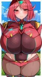 blush breasts cloud day dot_nose eyelashes female female_focus grass half-closed_eyes highres huge_breasts jpeg looking_at_viewer matching_hair/eyes navel nintendo pantyhose pyra red_eyes red_hair shiny_skin short_hair sjy skin_tight skindentation smile solo super_smash_bros. taut_clothes thick_thighs thighs warabi0033 wide_hips xenoblade_chronicles_(series) xenoblade_chronicles_2