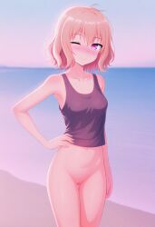 ai_generated bare_pussy beach bottomless female female_focus female_only hands_on_hips human lewd nsfw nudity ocean petite pink_eyes pink_eyes_female pink_hair short_hair short_stack shortstack tank_top wavy_hair wink winking winking_at_viewer