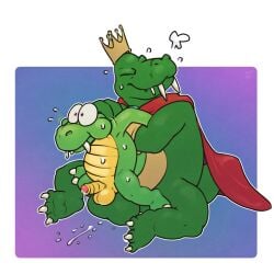 1:1 absurd_res anal anal_sex anthro argon_vile balls big_balls bodily_fluids breath cape cheek_bulge claws closed_eyes clothing croc croc:_legend_of_the_gobbos crocodile crocodilian crocodylid crown digital_media_(artwork) donkey_kong_(series) duo erection fangs full_nelson genital_fluids genitals hi_res humanoid_genitalia humanoid_penis k_rool kremling male male/male male_only male_penetrated male_penetrating male_penetrating_male naked nintendo nude open_mouth penetration penis precum reptile scalie sex sharp_teeth size_difference sweat teeth tongue video_games worried