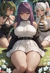 3girls ai_generated bangs bare_shoulders belt black_gloves blush breasts cleavage cute dress earrings fern_(sousou_no_frieren) flower frieren gloves grass green_hair heart heart-shaped_pupils huge_ass huge_breasts jacket jewelry juswa large_ass large_breasts long_hair looking_at_viewer mole multiple_girls nature open_mouth outdoors pleated_skirt pointy_ears ponytail purple_eyes purple_hair side_ponytail sitting skirt smile symbol-shaped_pupils teeth thicc thick_thighs thighs twintails ubel_(sousou_no_frieren) white_hair white_skirt