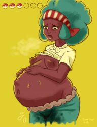 afro belly big_belly dark-skinned_female dark_skin female green_hair hand_on_belly lenora_(pokemon) pokemon pokemon_bw preggosteggo pregnant sweat